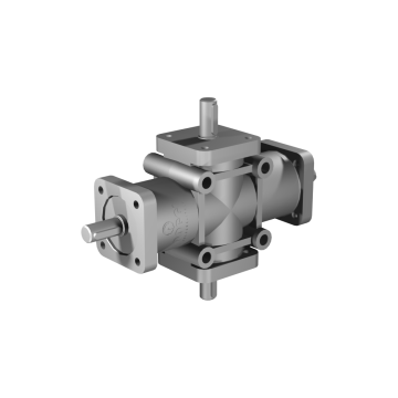 Poggi right angle gearbox 2006, R1:1, D1/2, Ø14h7, 4-way, Aluminium